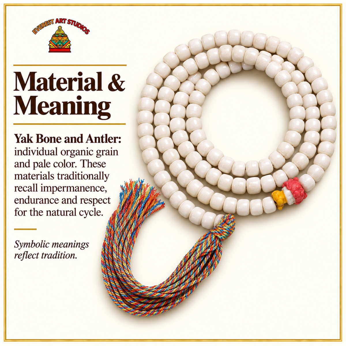 EverestArtstudios Yakknochen-Mala mit Geweihakzenten, 108 Perlen – Material und traditionelle Symbolik