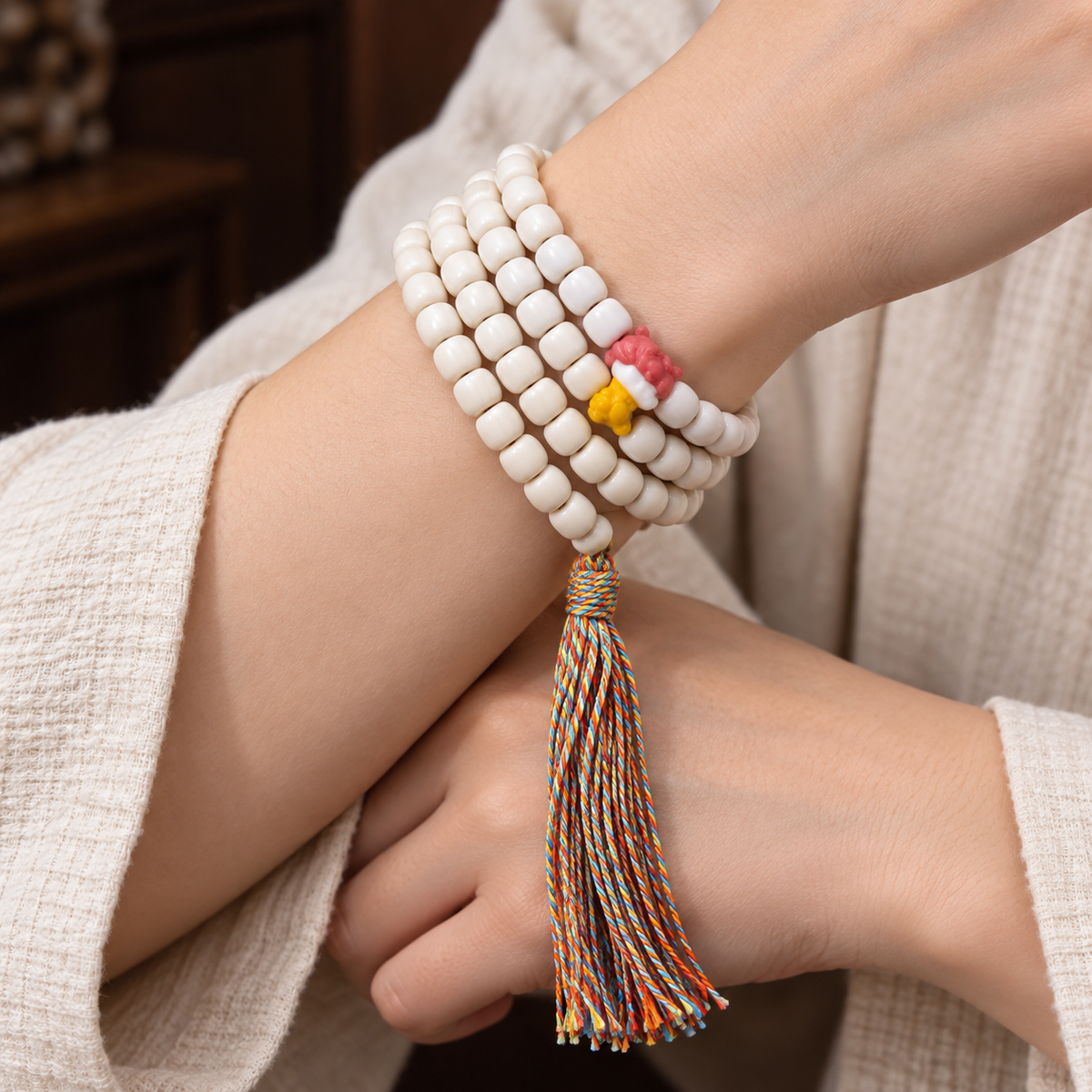 EverestArtstudios Natural Yak Bone 108-Bead Mala with Antler Accents
