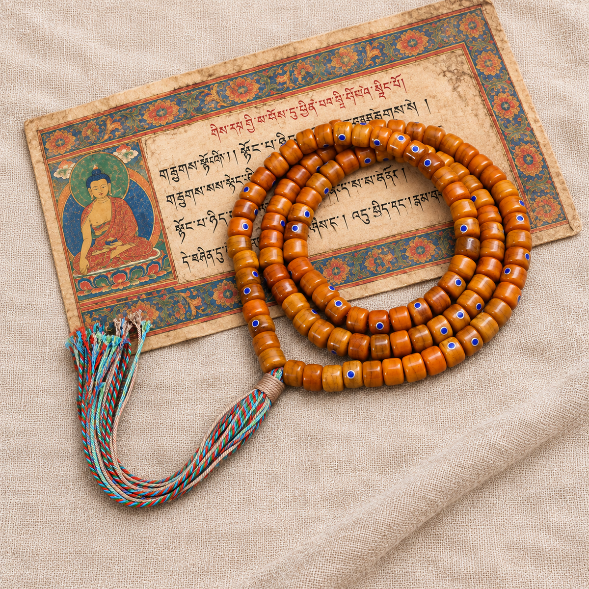 EverestArtstudios Tibetan Vintage Yak Bone Silver-Tone Lapis Inlay 108-Bead Mala — full product