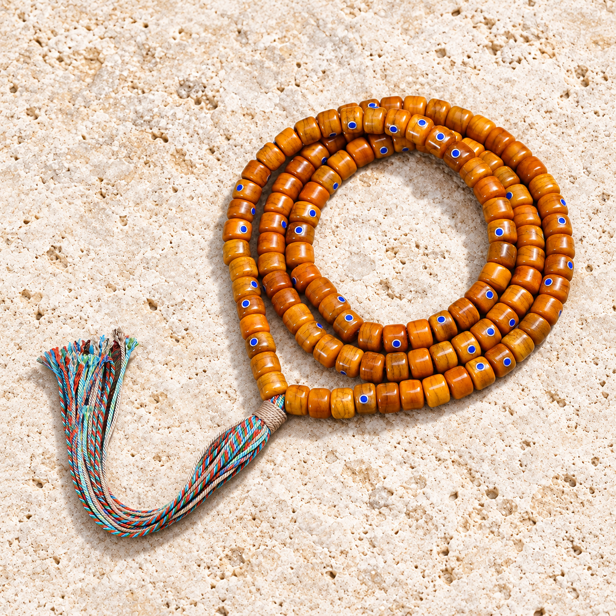 EverestArtstudios Tibetan Vintage Yak Bone Silver-Tone Lapis Inlay 108-Bead Mala — overall display