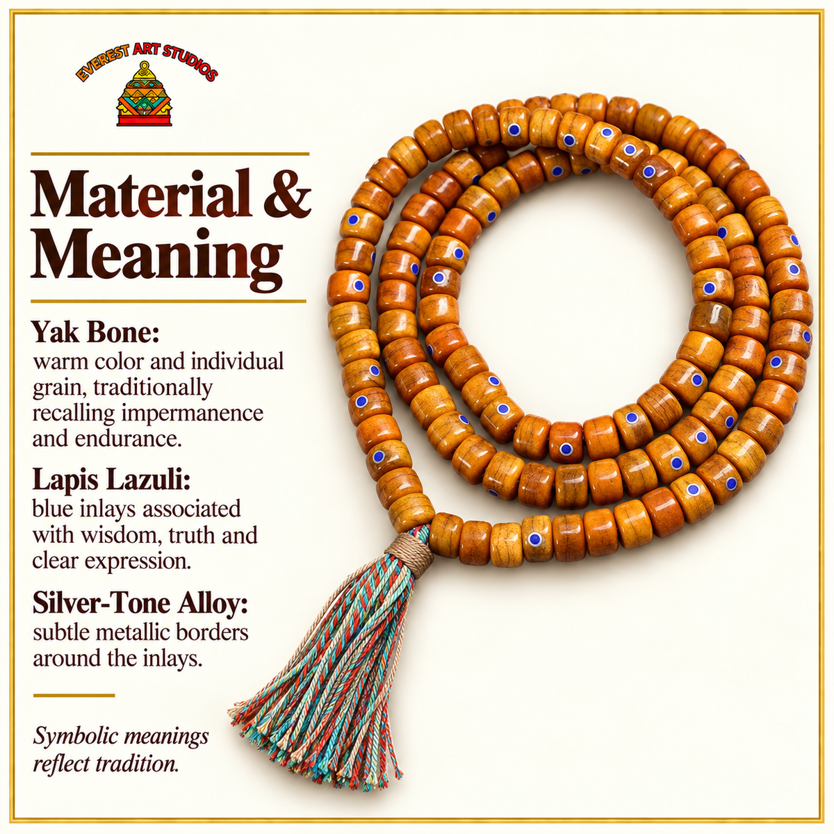 Mala yak lapislázuli plateado, 108 cuentas – Material y simbolismo tradicional