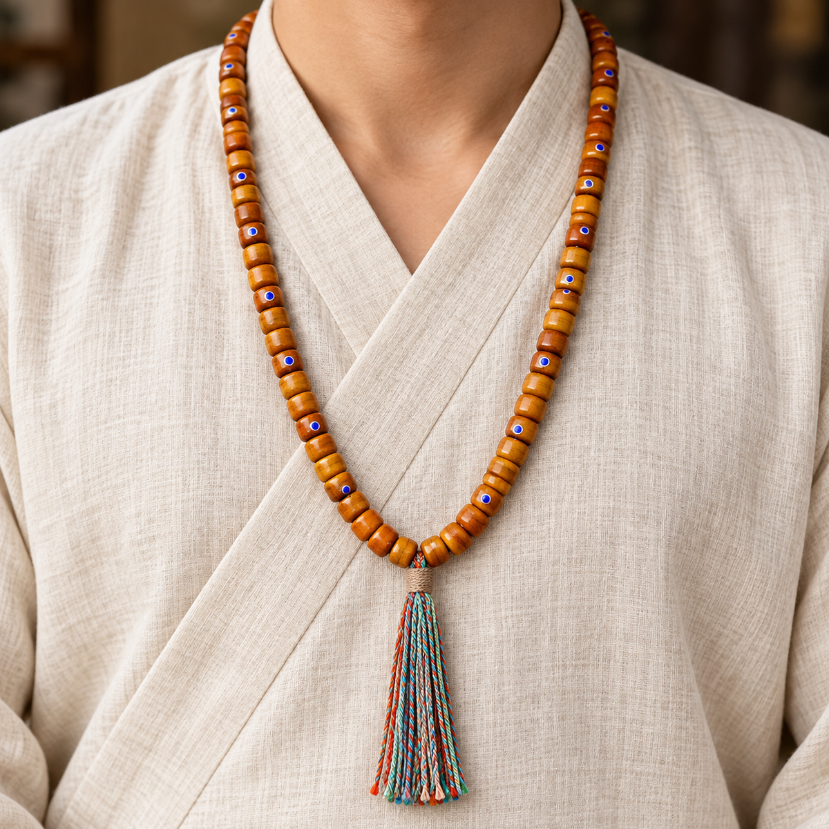 EverestArtstudios Tibetan Vintage Yak Bone Silver-Tone Lapis Inlay 108-Bead Mala