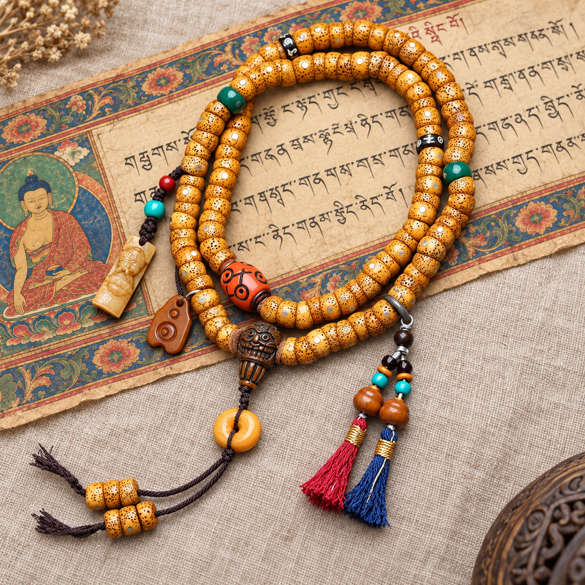 EverestArtstudios Xingyue Bodhi 108-Bead Mala with Bone and Safety Ring Accents — full product