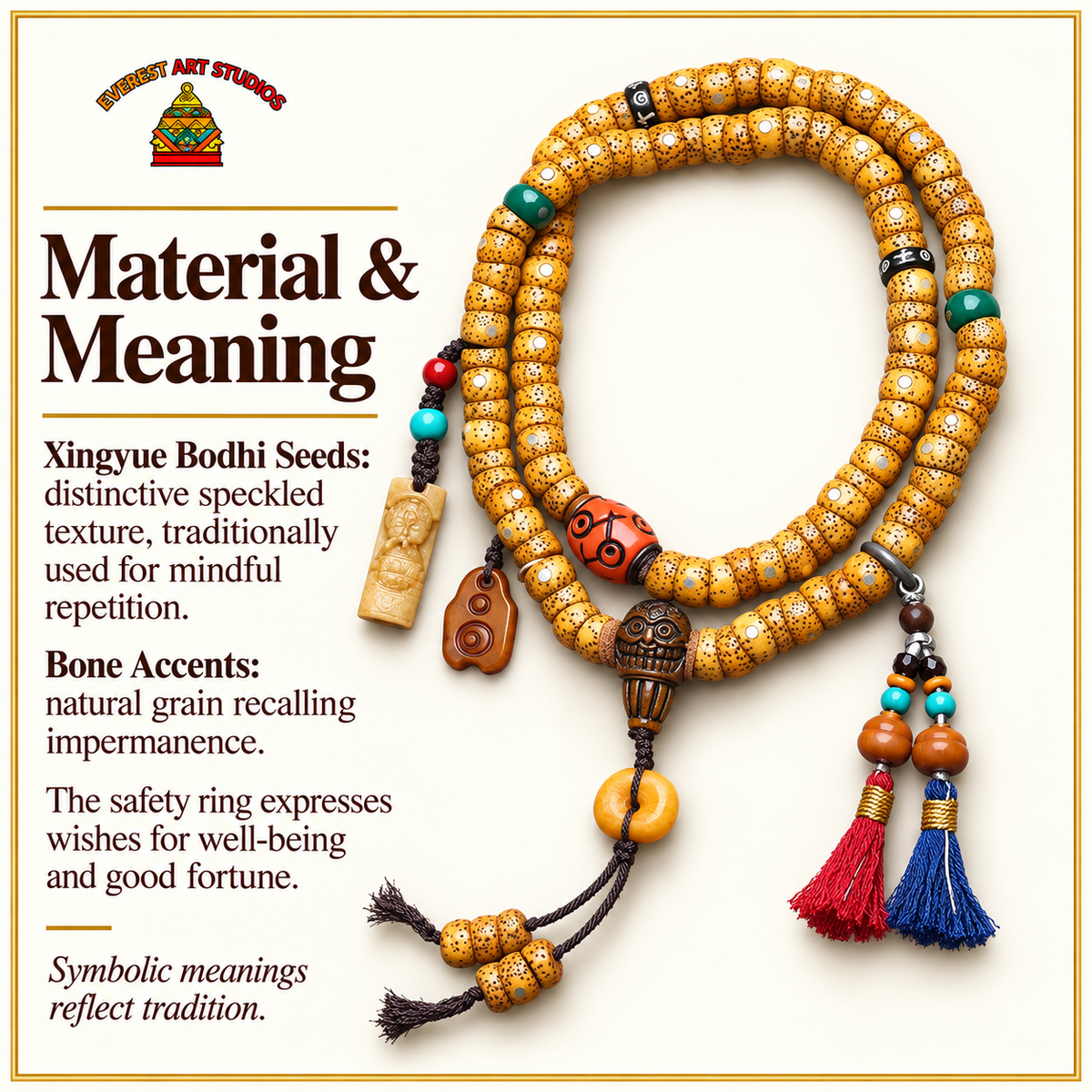Mala de 108 cuentas Bodhi Xingyue con hueso y anillo de seguridad – Material y simbolismo tradicional