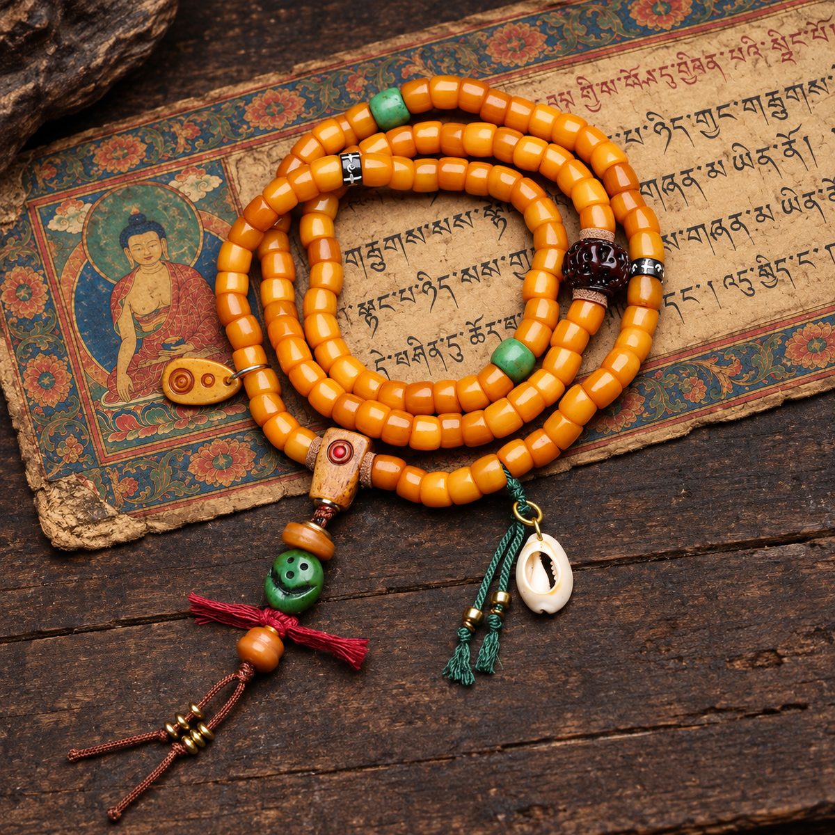 EverestArtstudios Yak Bone 108-Bead Mala with Vajra Bodhi and Camel Bone Accents — full product