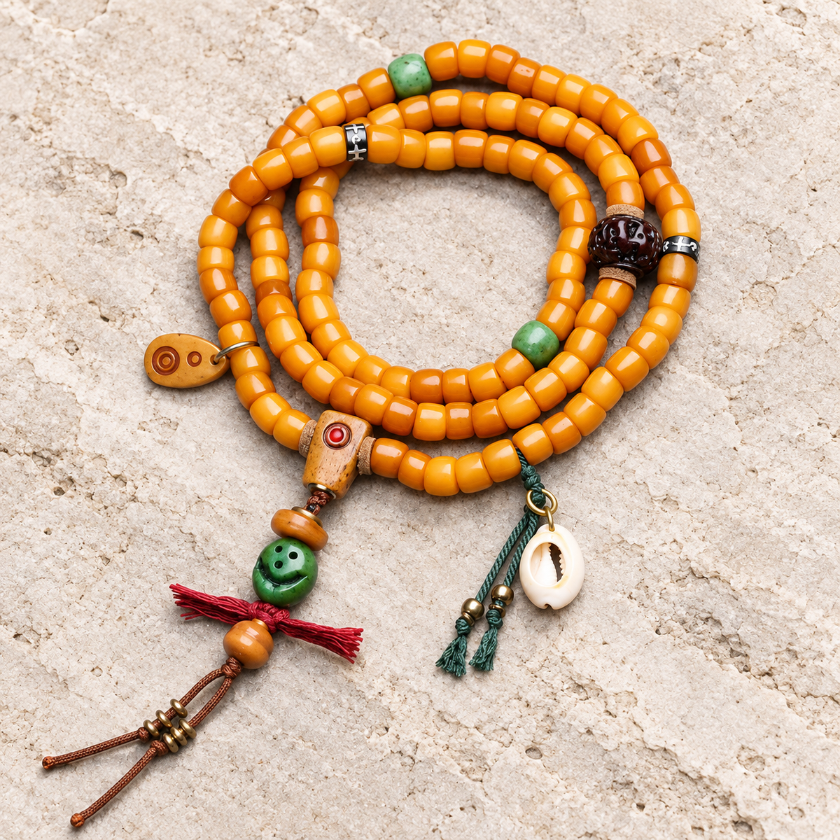 Mala de 108 cuentas de hueso de yak con Bodhi Vajra y hueso de camello