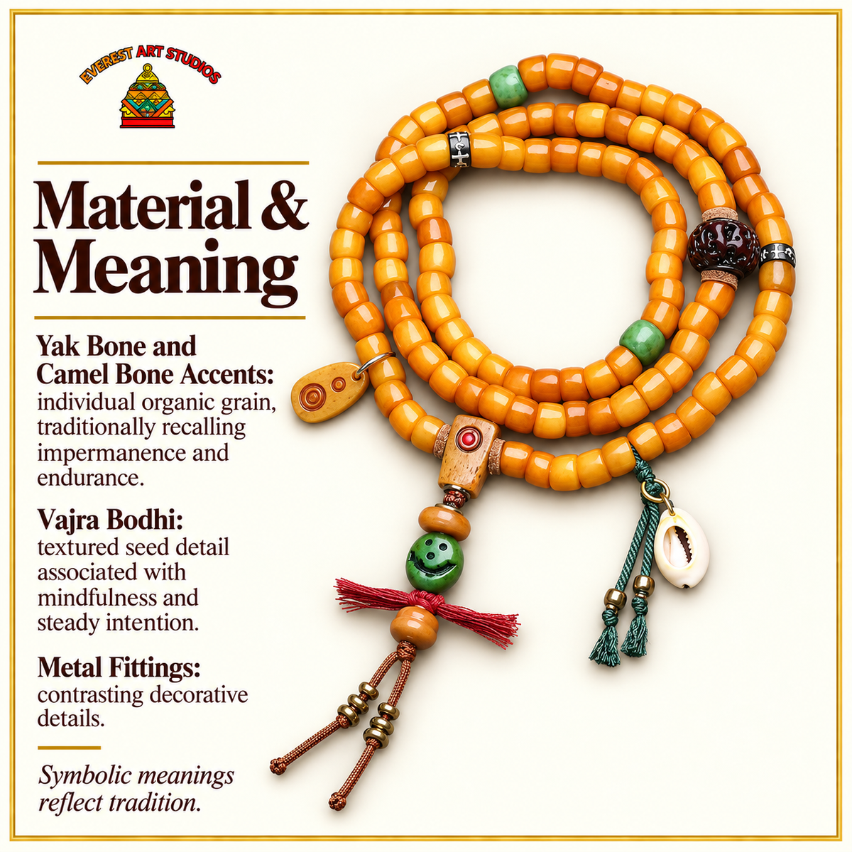 Mala de 108 cuentas de hueso de yak con Bodhi Vajra y hueso de camello – Material y simbolismo tradicional
