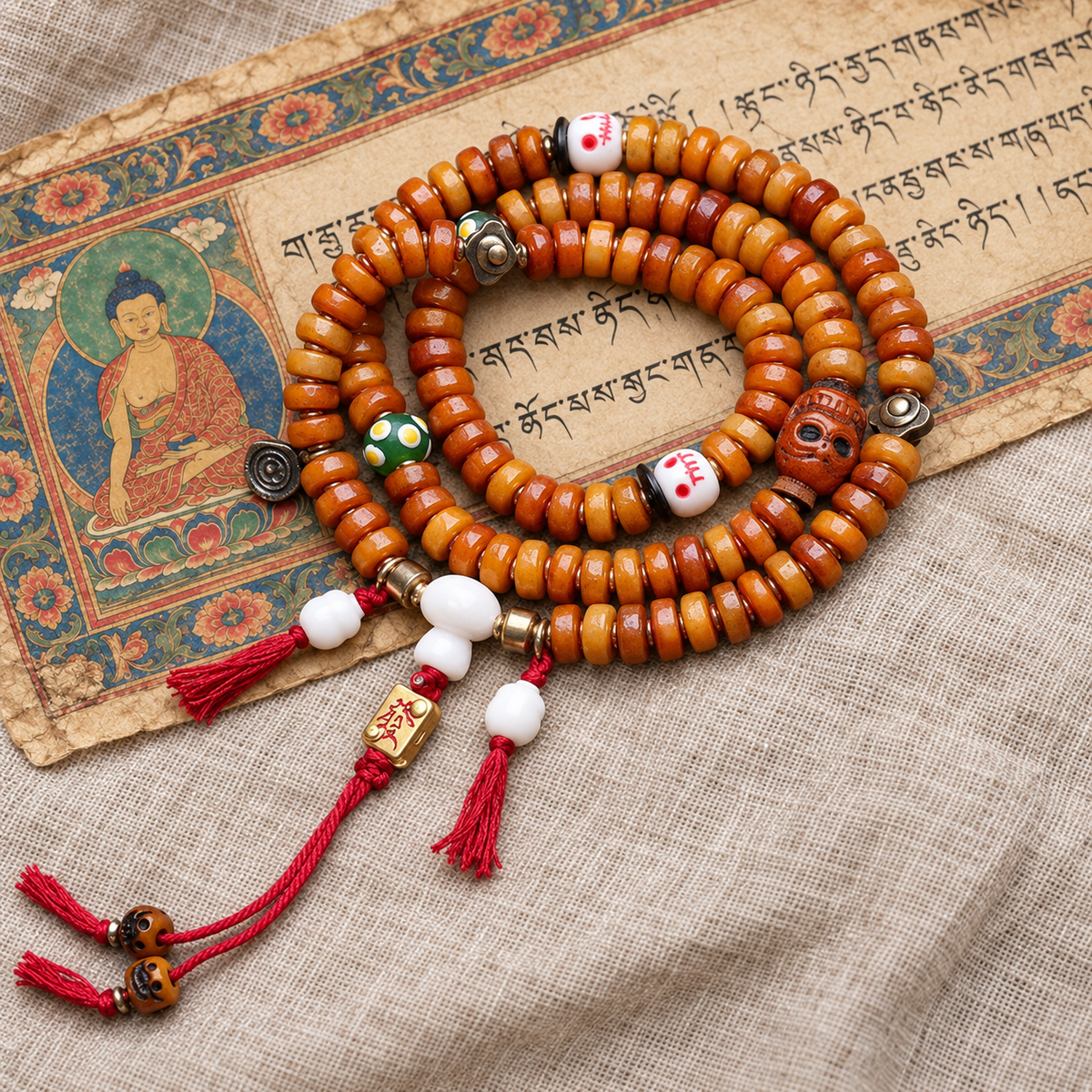 EverestArtstudios Bone 108-Bead Mala with Yak Bone, Glass and Deer Bone Accents — full product