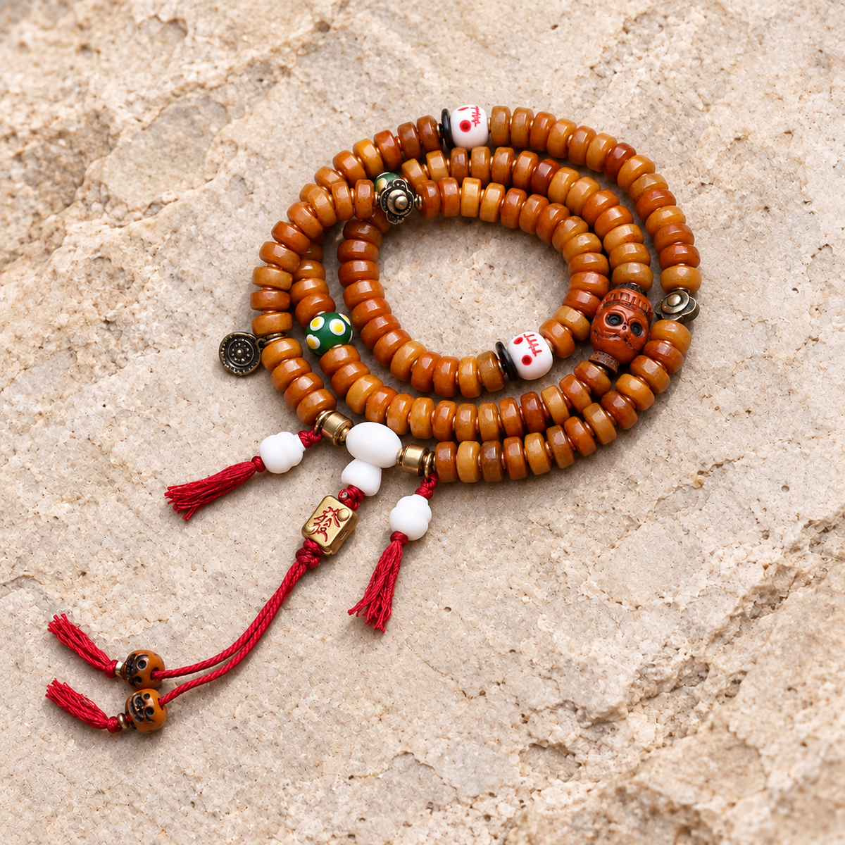 EverestArtstudios Knochen-Mala, 108 Perlen, Yakknochen/Glas
