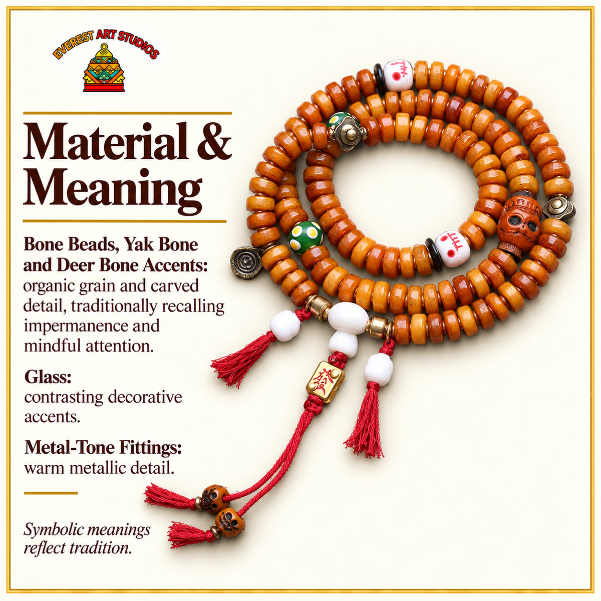 EverestArtstudios Knochen-Mala, 108 Perlen, Yakknochen/Glas – Material und traditionelle Symbolik