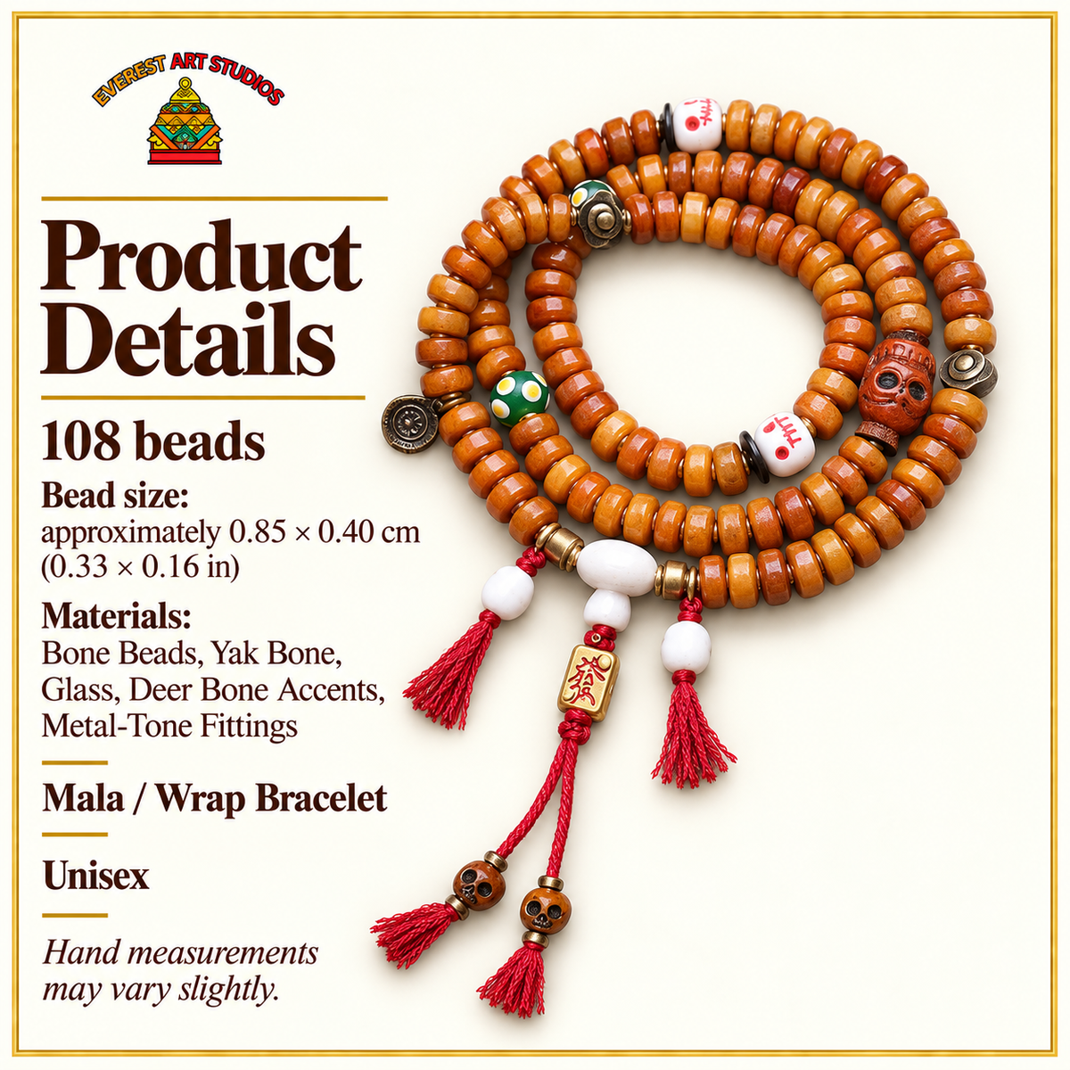 EverestArtstudios Knochen-Mala, 108 Perlen, Yakknochen/Glas