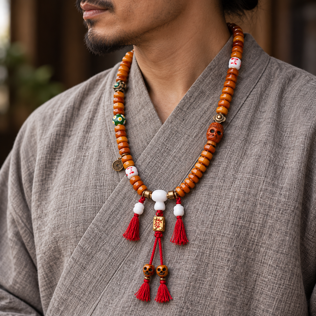 EverestArtstudios Knochen-Mala, 108 Perlen, Yakknochen/Glas