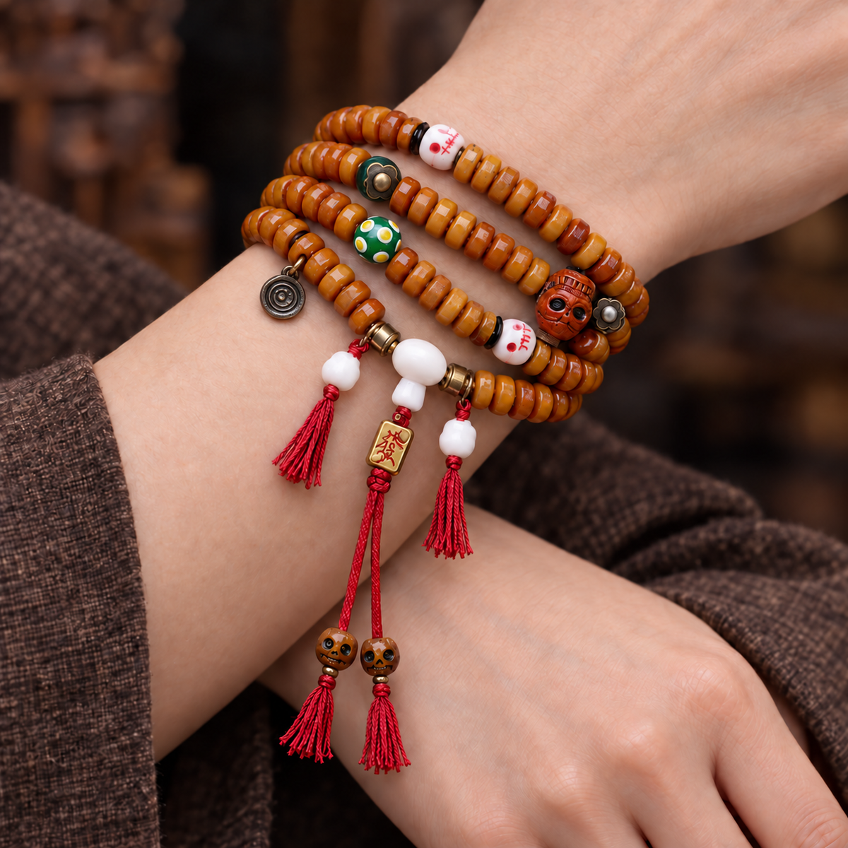 EverestArtstudios Knochen-Mala, 108 Perlen, Yakknochen/Glas