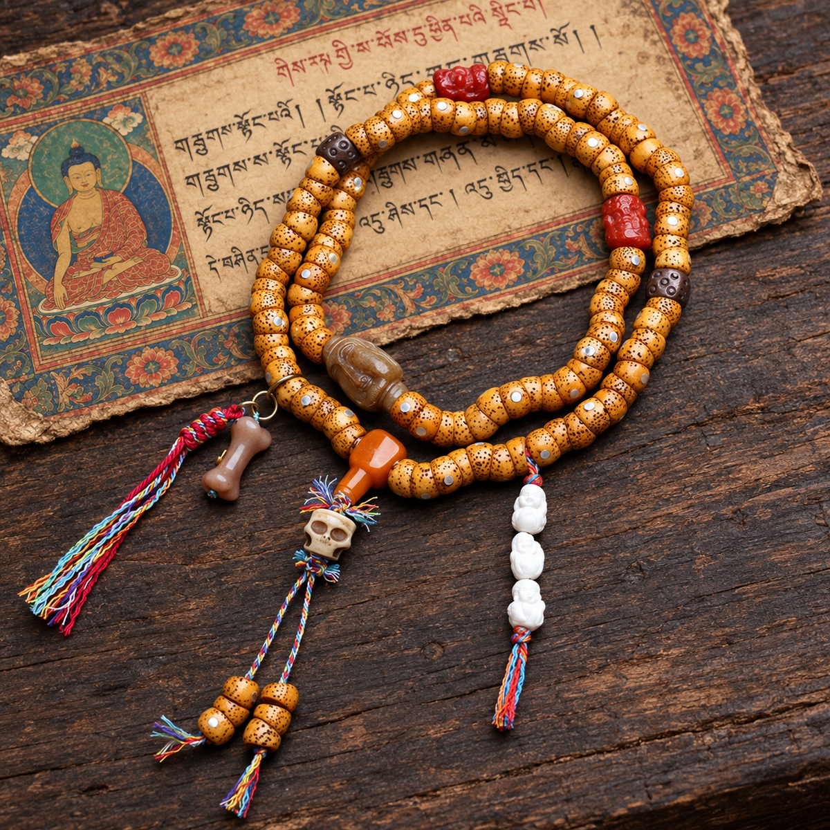 Mala de 108 cuentas Bodhi Xingyue con hueso de yak y ágata roja