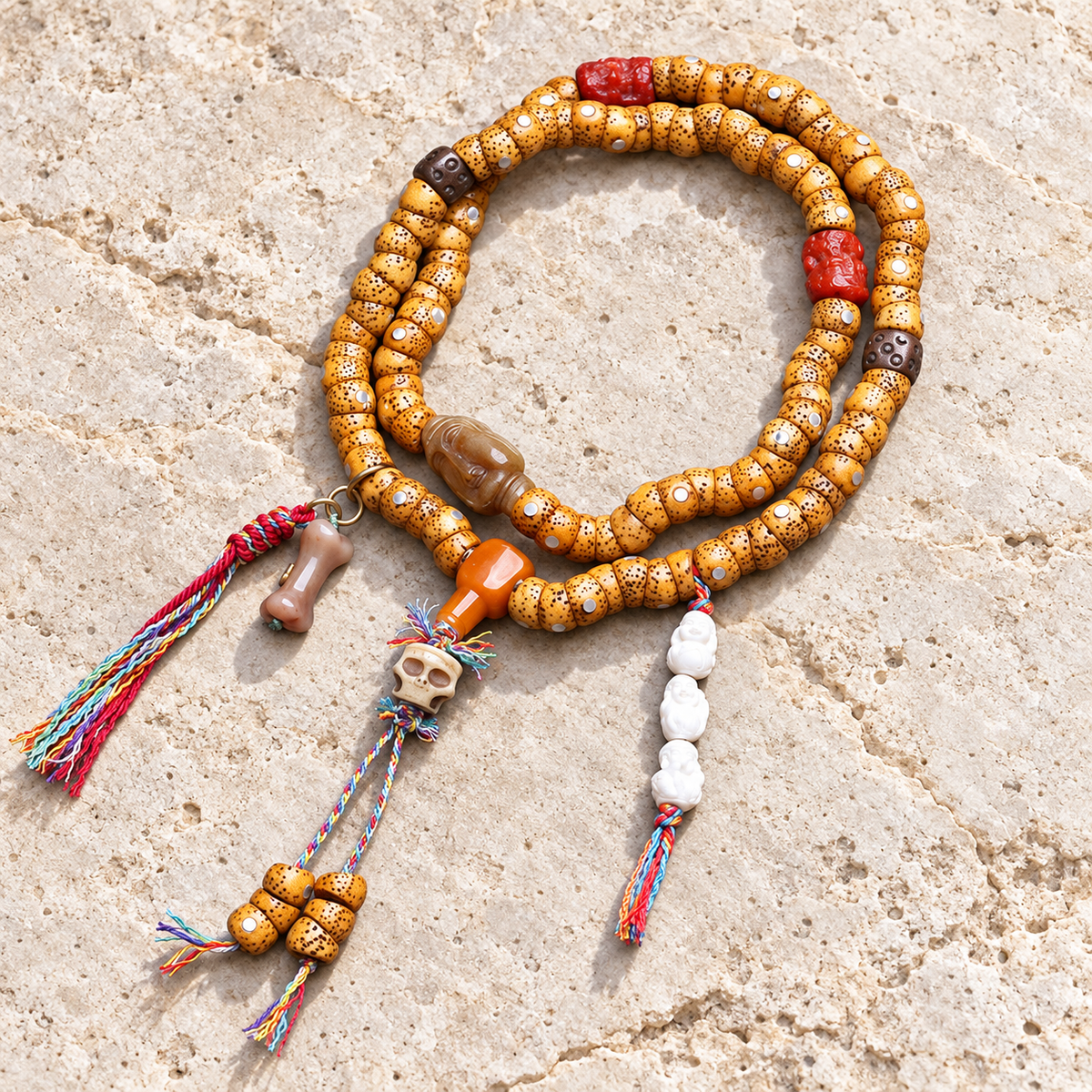 EverestArtstudios Xingyue Bodhi 108-Bead Mala with Yak Bone and Red Agate Accents — overall display