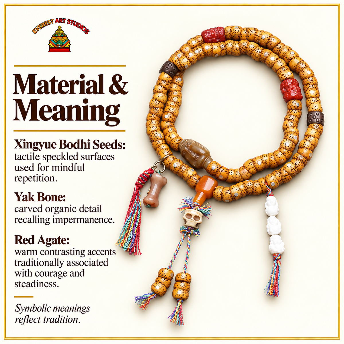 Mala de 108 cuentas Bodhi Xingyue con hueso de yak y ágata roja – Material y simbolismo tradicional