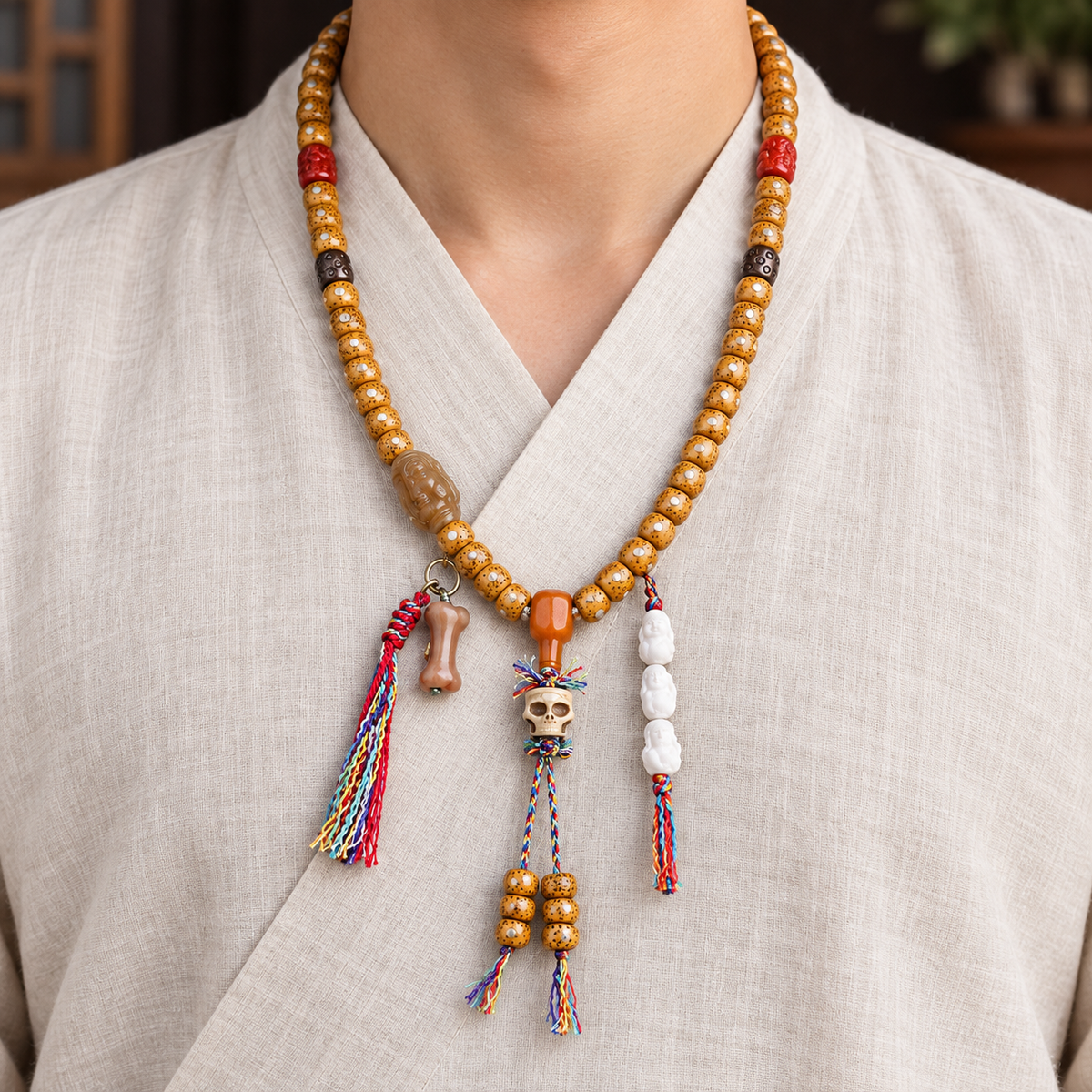Mala de 108 cuentas Bodhi Xingyue con hueso de yak y ágata roja
