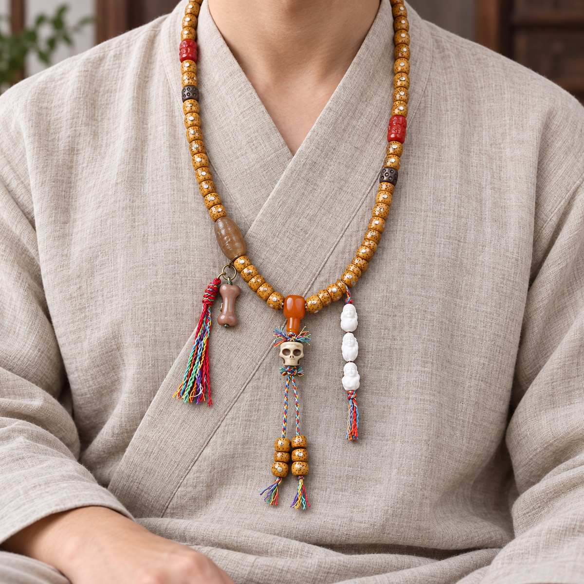 Mala de 108 cuentas Bodhi Xingyue con hueso de yak y ágata roja