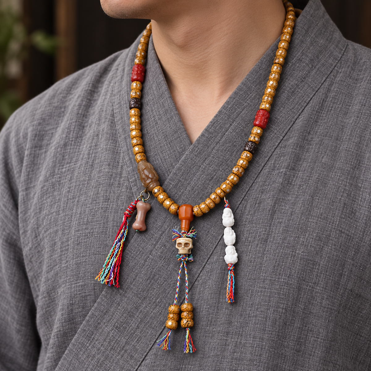 Mala de 108 cuentas Bodhi Xingyue con hueso de yak y ágata roja