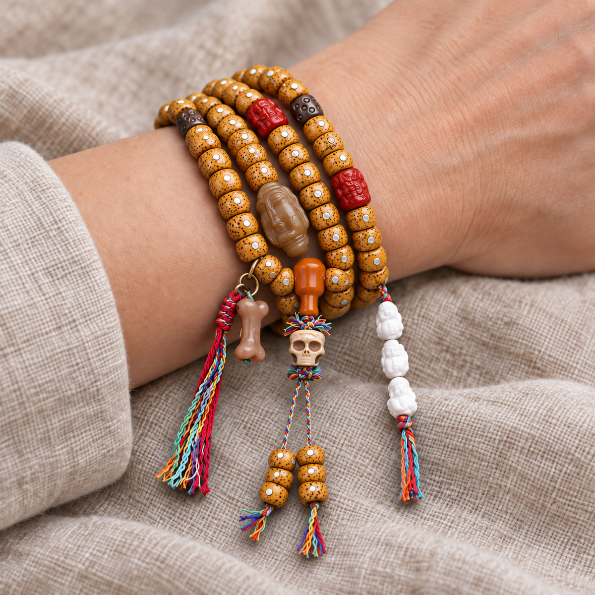 Mala de 108 cuentas Bodhi Xingyue con hueso de yak y ágata roja