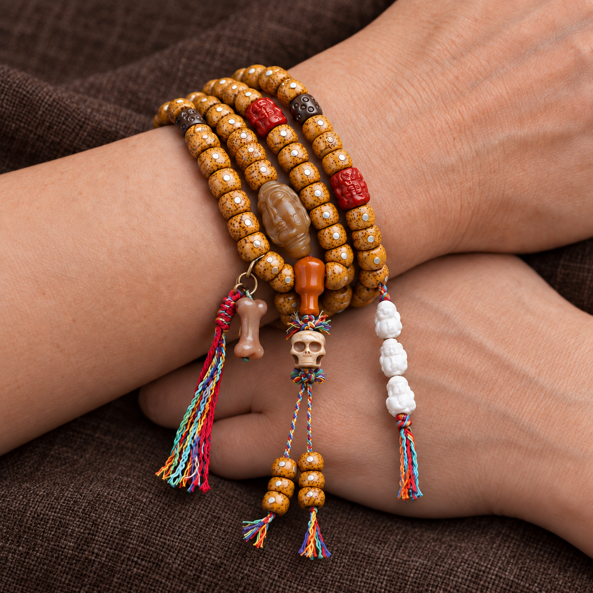 Mala de 108 cuentas Bodhi Xingyue con hueso de yak y ágata roja