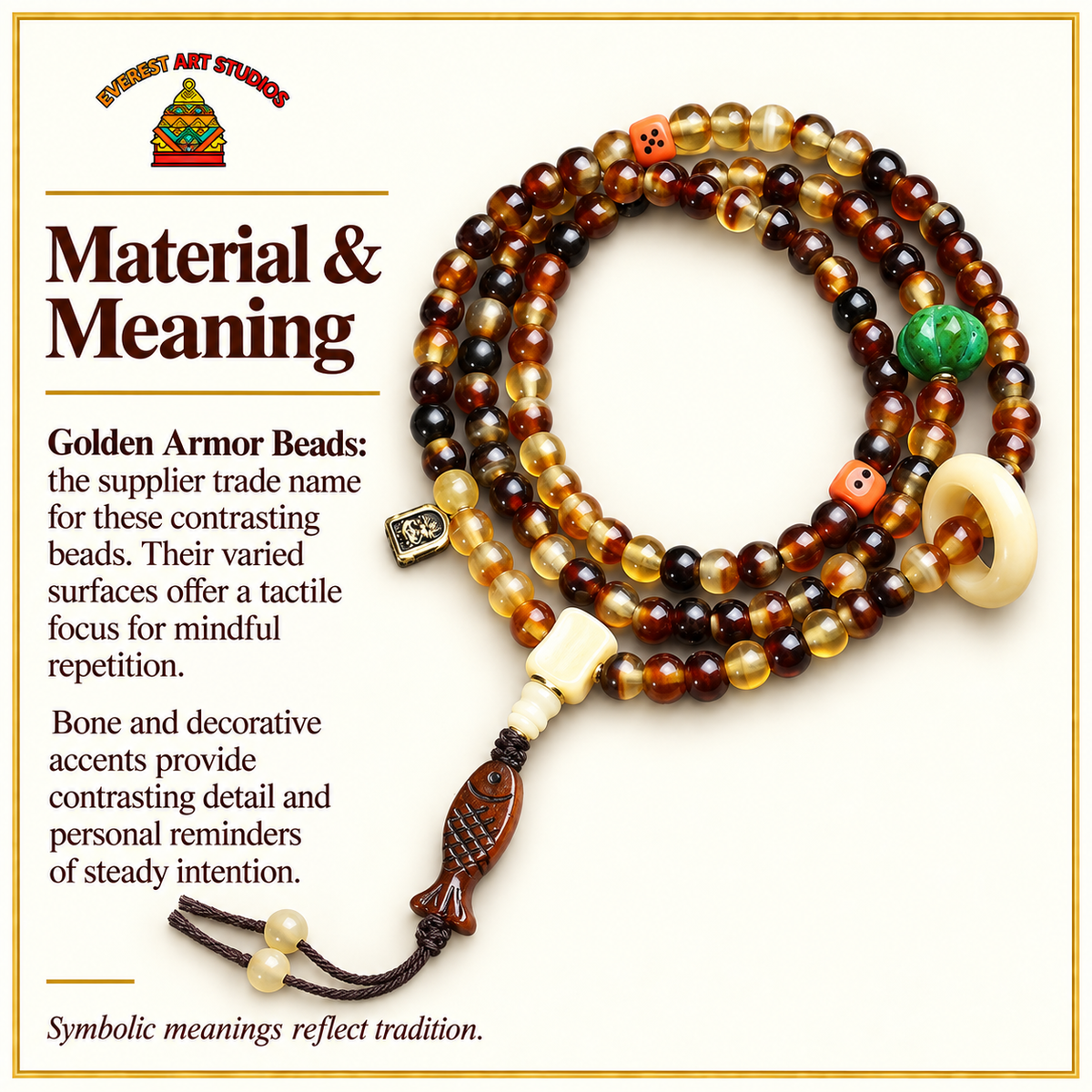 Mala de 108 cuentas «Golden Armor» con hueso y dados – Material y simbolismo tradicional