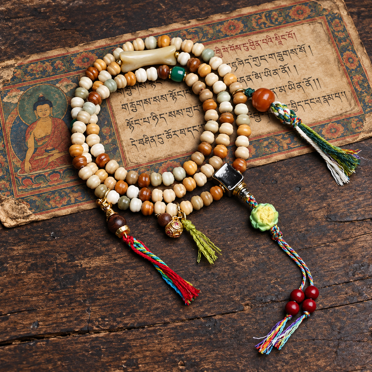 EverestArtstudios Dragon Ridge Bodhi 108-Bead Mala with Agate and Gourd Motif Accents — full product