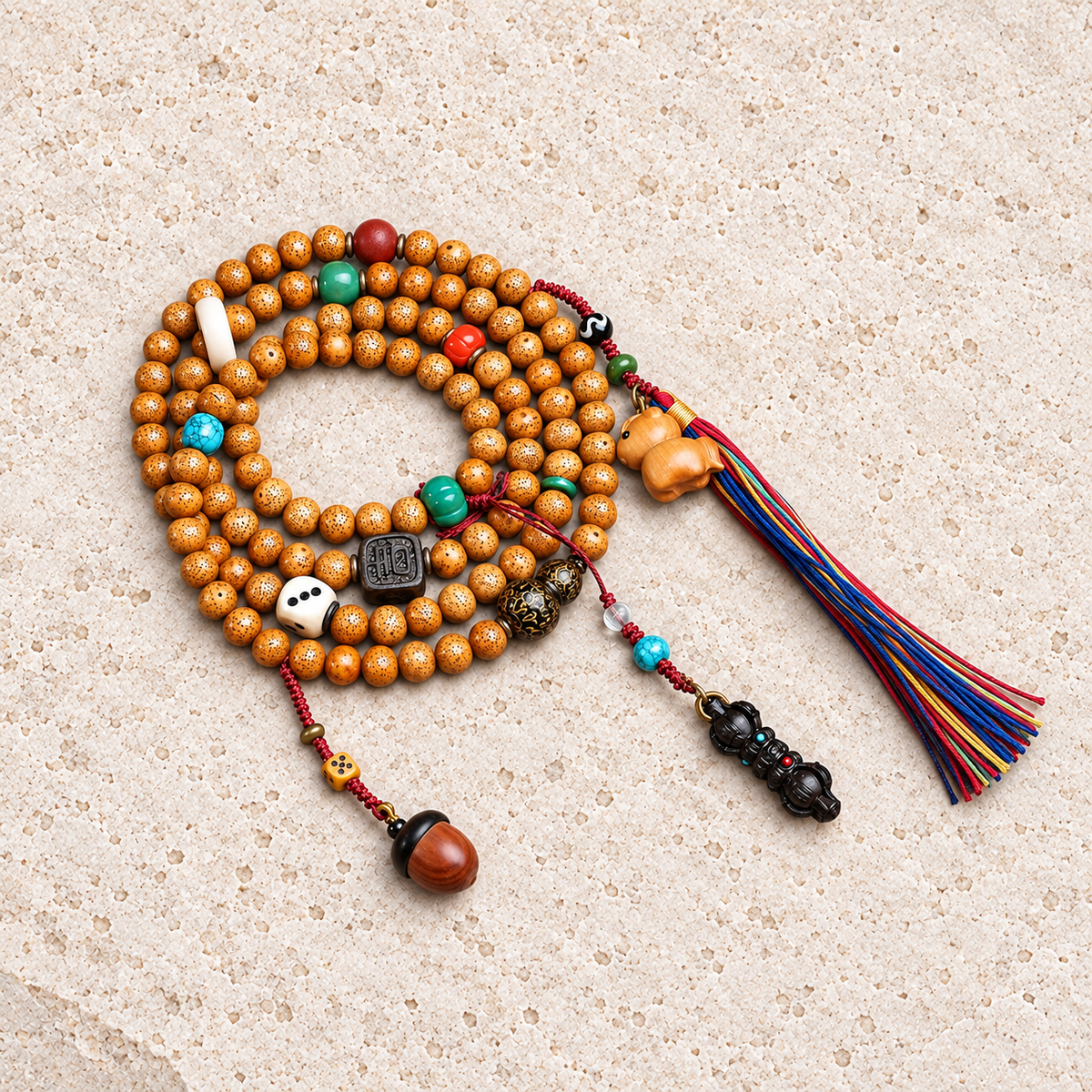 EverestArtstudios Xingyue Bodhi 108-Bead Mala Necklace with Textured Seed Beads — overall display