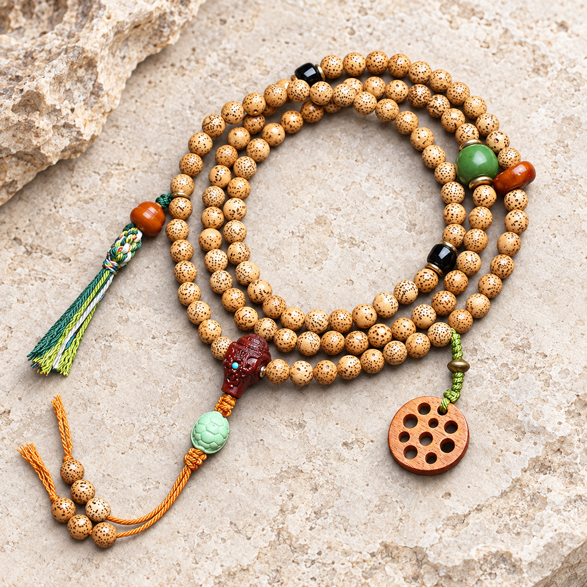 EverestArtstudios Xingyue Bodhi 108-Bead Mala with Sandalwood and Carved Wood Accents — overall display