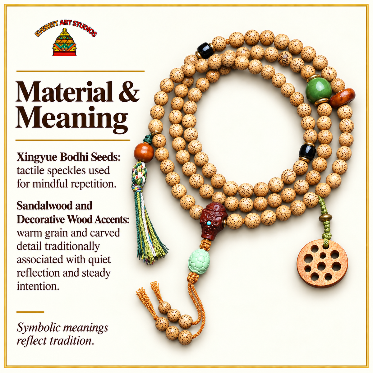 EverestArtstudios Xingyue-Bodhi-Mala, 108 Perlen, Sandelholz – Material und traditionelle Symbolik