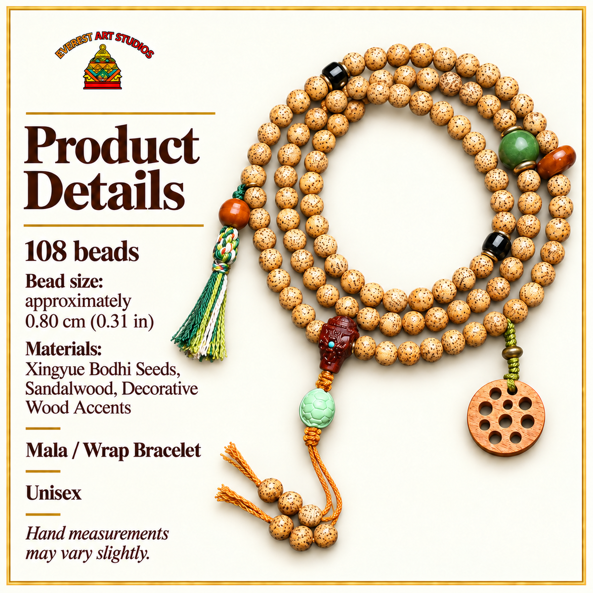 EverestArtstudios Xingyue-Bodhi-Mala, 108 Perlen, Sandelholz