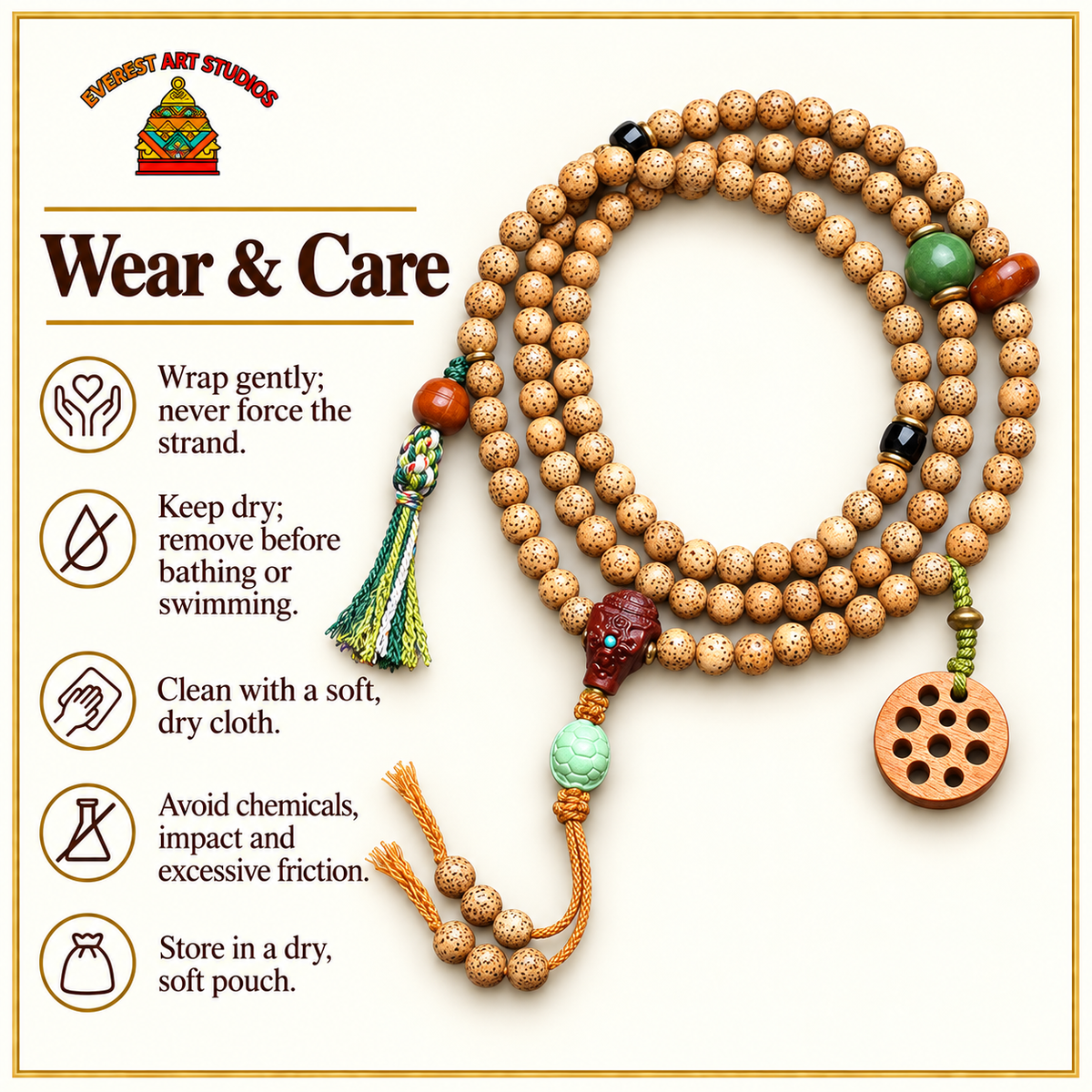 EverestArtstudios Xingyue-Bodhi-Mala, 108 Perlen, Sandelholz – Pflegehinweise