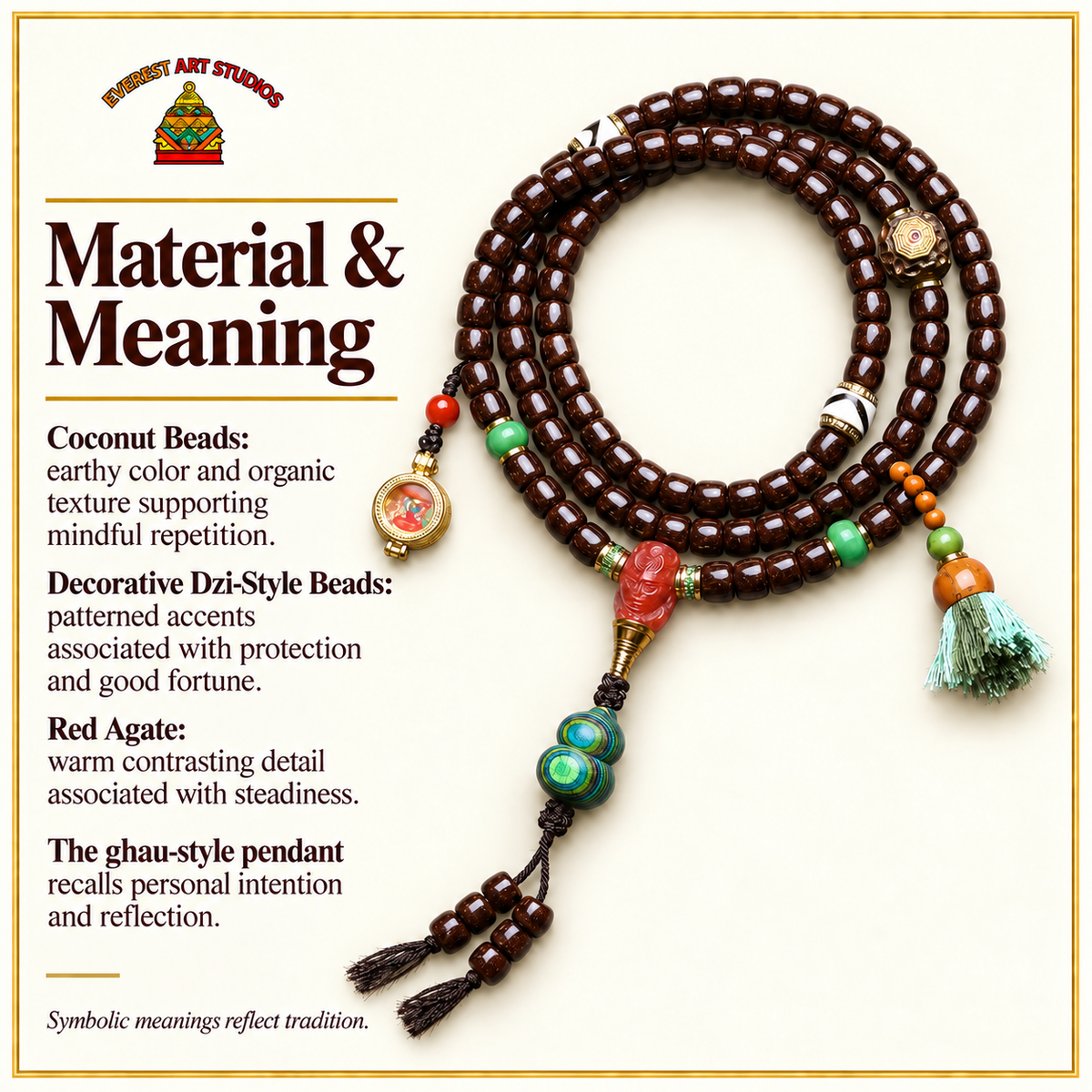 EverestArtstudios Kokos-Mala, 108 Perlen, Dzi-Stil/Ghau – Material und traditionelle Symbolik