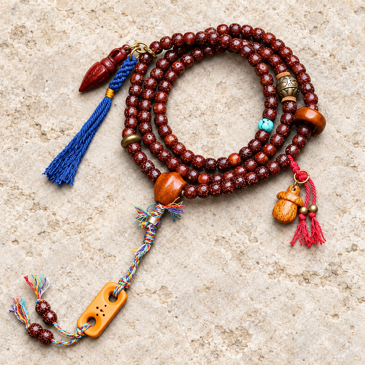 EverestArtstudios Xingyue Bodhi Mala with Turquoise and Carved Accents — overall display