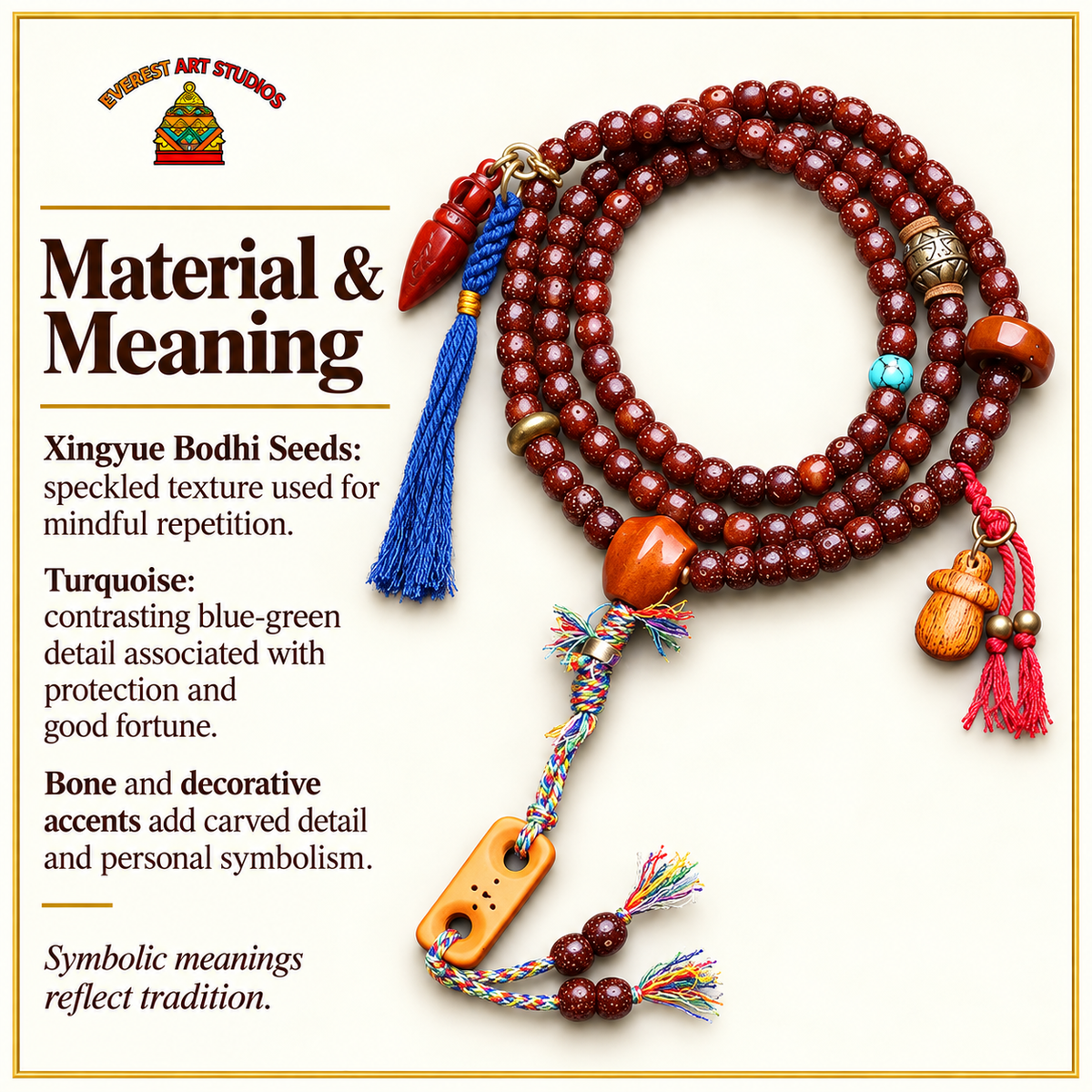 Mala Bodhi Xingyue turquoise sculpté – Matière et symbolique traditionnelle