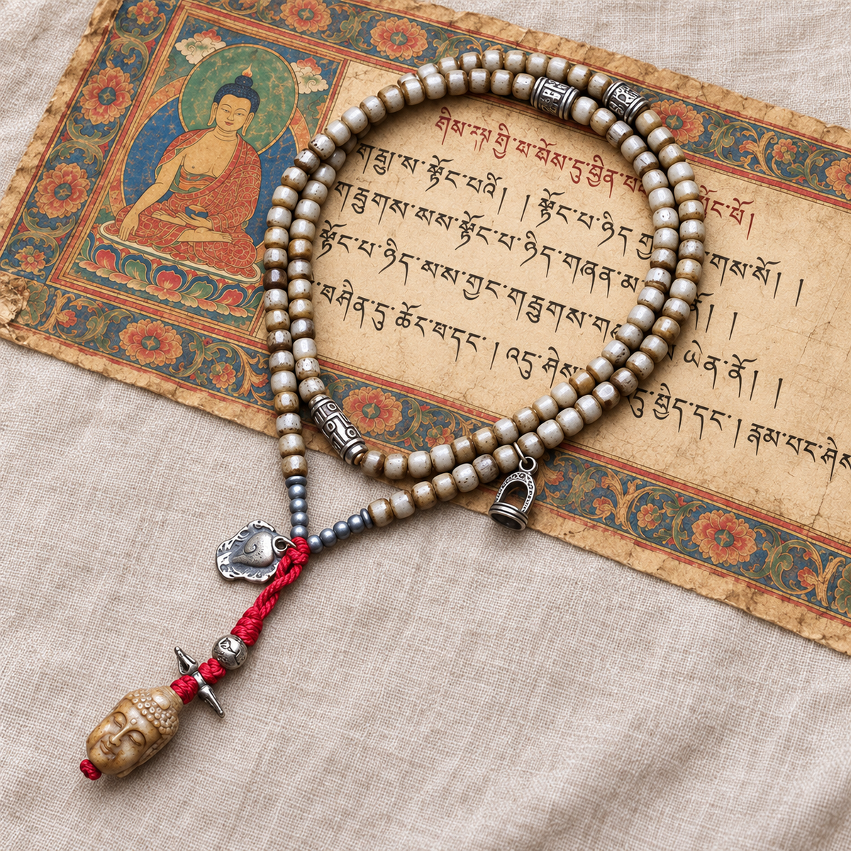 EverestArtstudios Bone 108-Bead Mala with Nine-Eye Motif and Conch Accents — full product