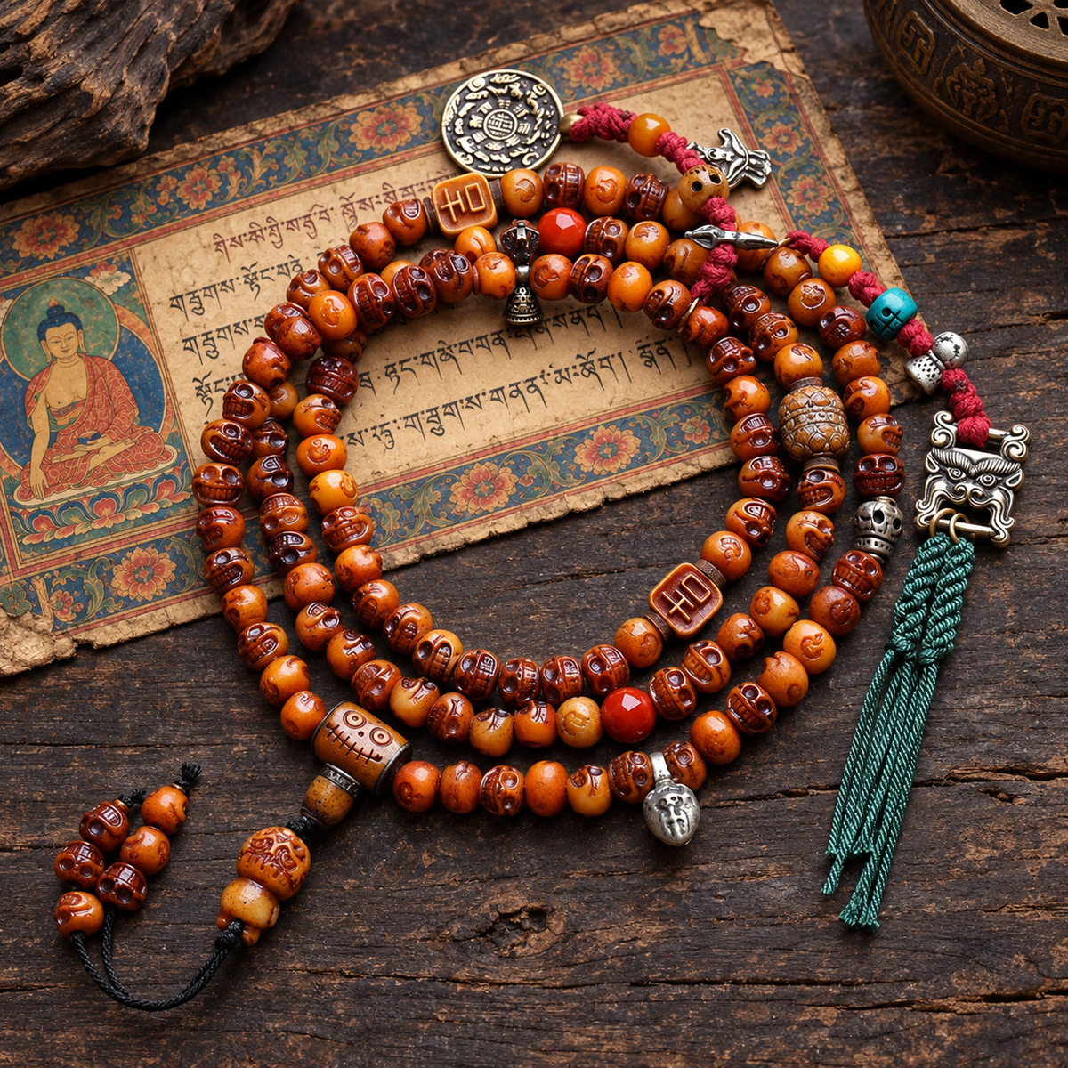 EverestArtstudios Carved Bone 108-Bead Mala with Yak Bone and Lotus Accents — full product