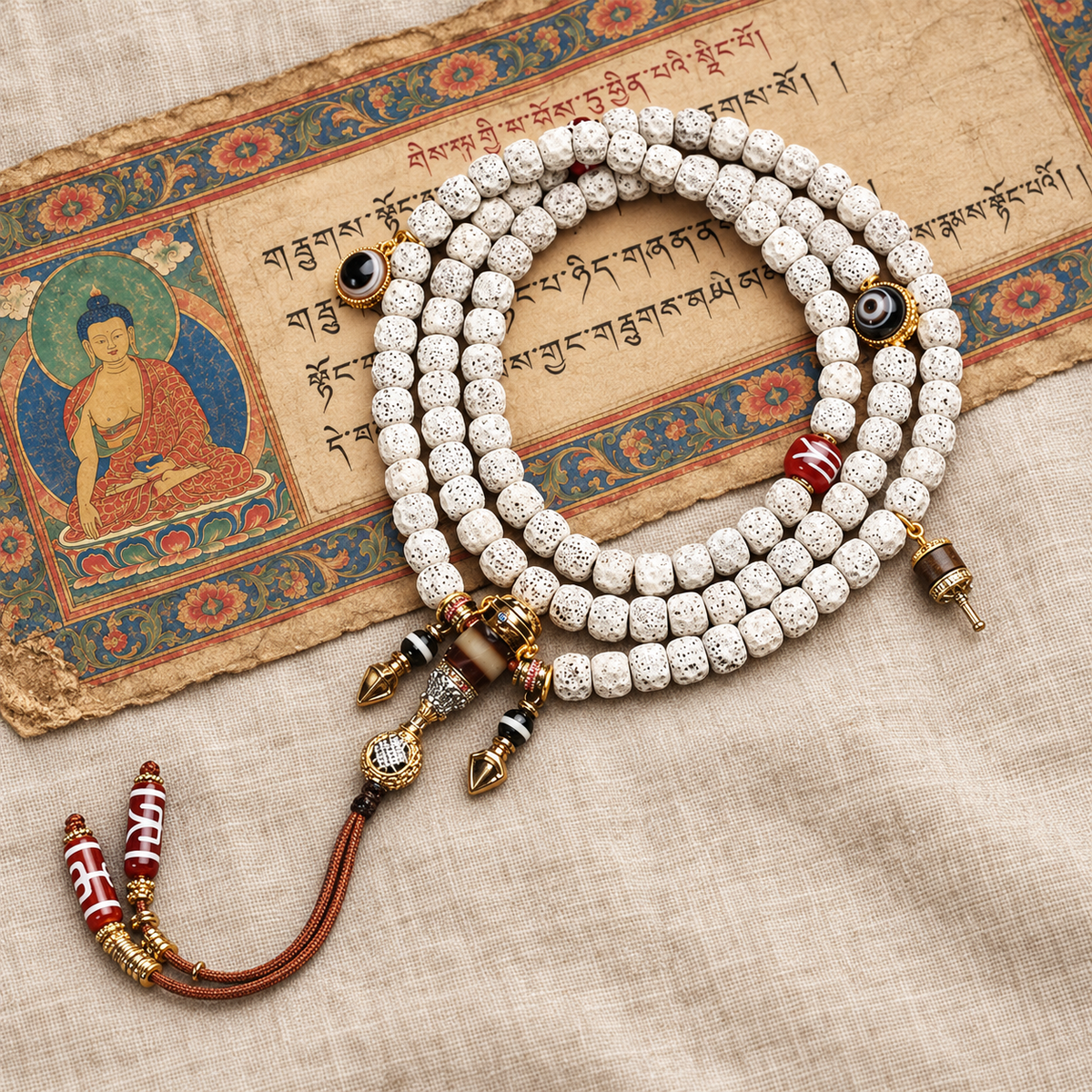 EverestArtstudios Carved Xingyue Bodhi 108-Bead Mala with Dzi-Style Agate Accents — full product