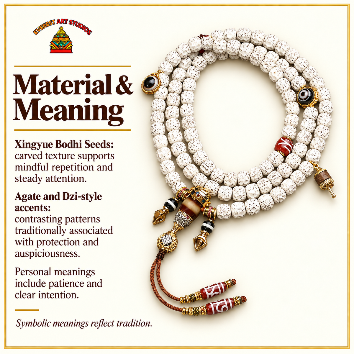 Mala 108 Xingyue sculpté agate Dzi – Matière et symbolique traditionnelle