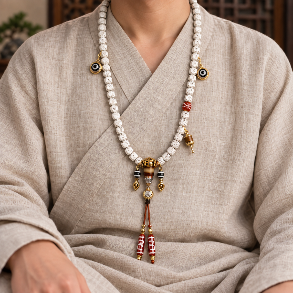 Mala 108 Xingyue sculpté agate Dzi