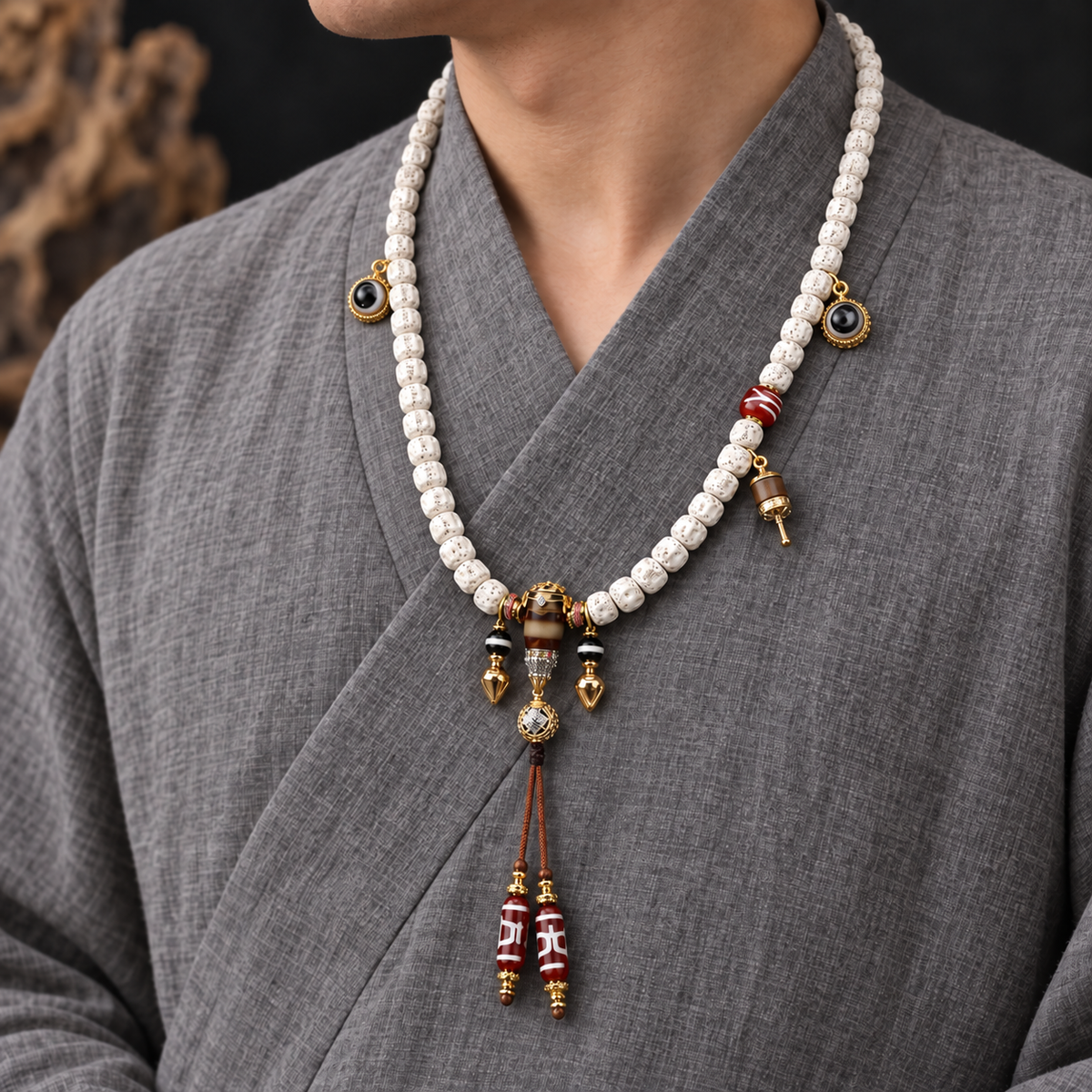 Mala 108 Xingyue sculpté agate Dzi