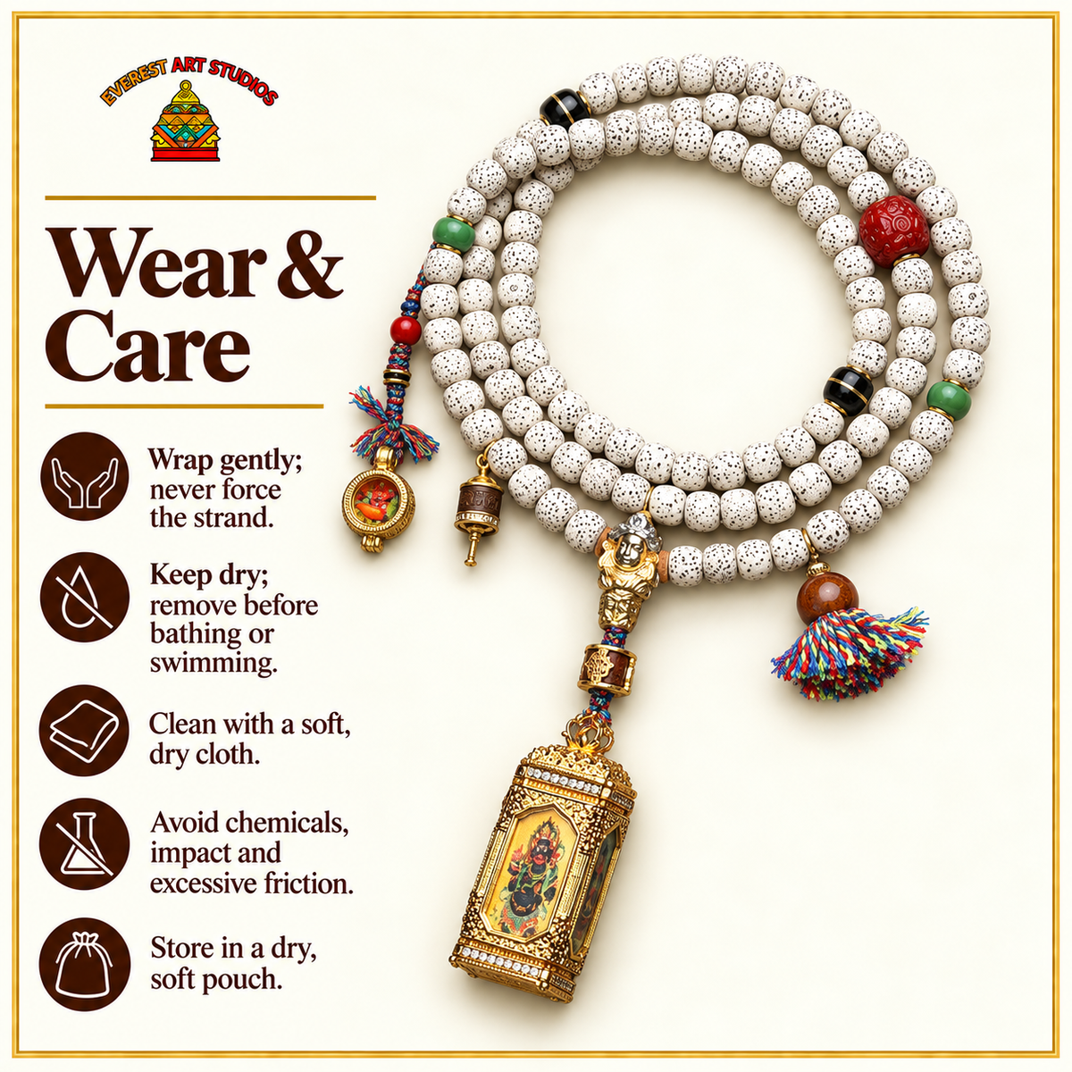 EverestArtstudios Xingyue-Bodhi-Mala, vierseitige Thangka – Pflegehinweise