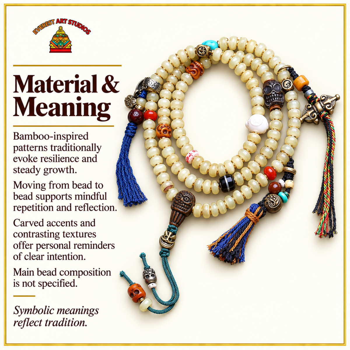 EverestArtstudios 108-Perlen-Mala, Bambusmuster/Quasten – Material und traditionelle Symbolik