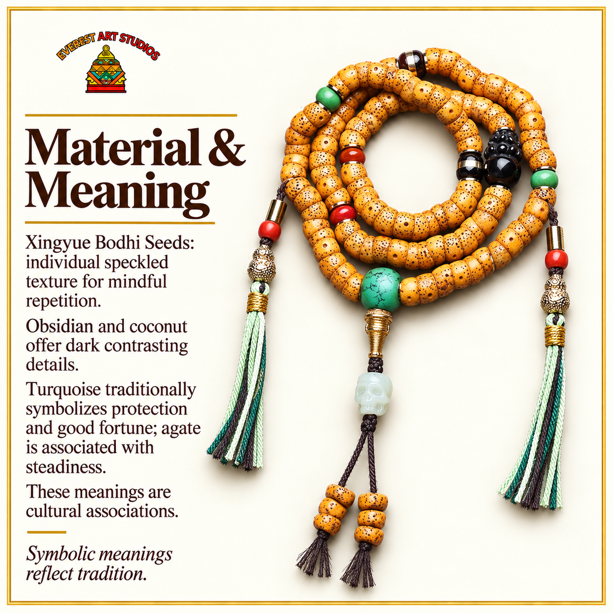 EverestArtstudios Xingyue-Bodhi-Mala, Obsidian/Türkis/Achat – Material und traditionelle Symbolik