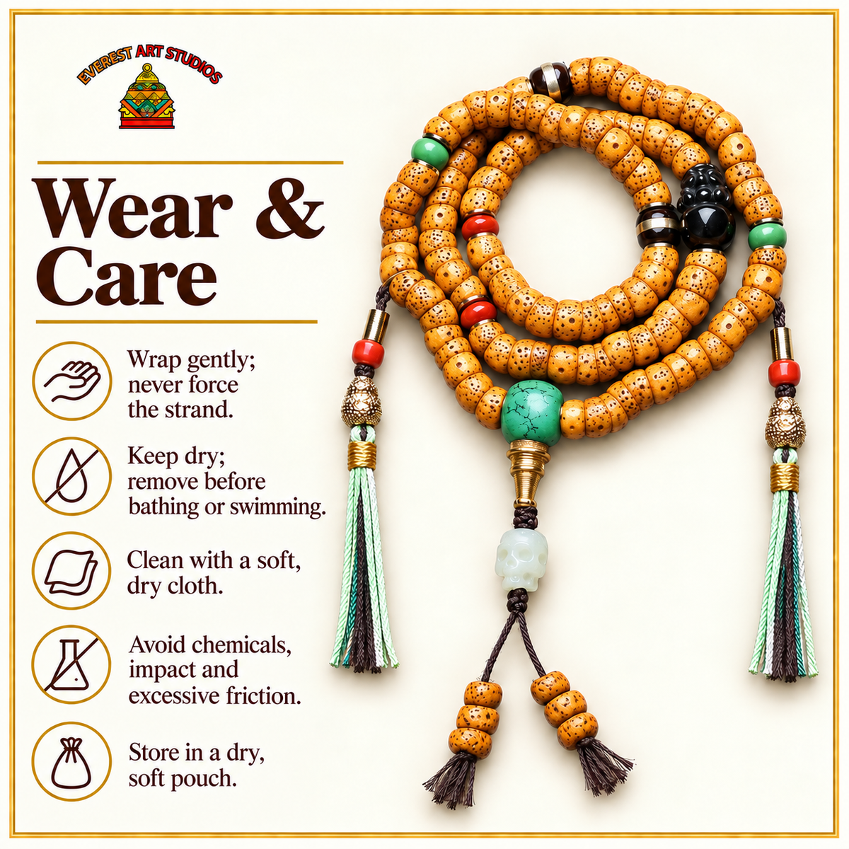 EverestArtstudios Xingyue-Bodhi-Mala, Obsidian/Türkis/Achat – Pflegehinweise