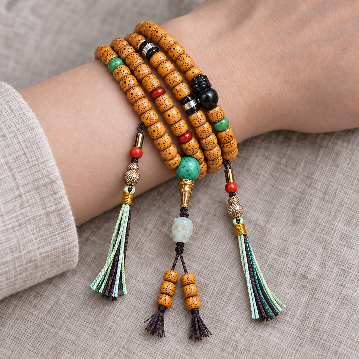 EverestArtstudios Xingyue-Bodhi-Mala, Obsidian/Türkis/Achat