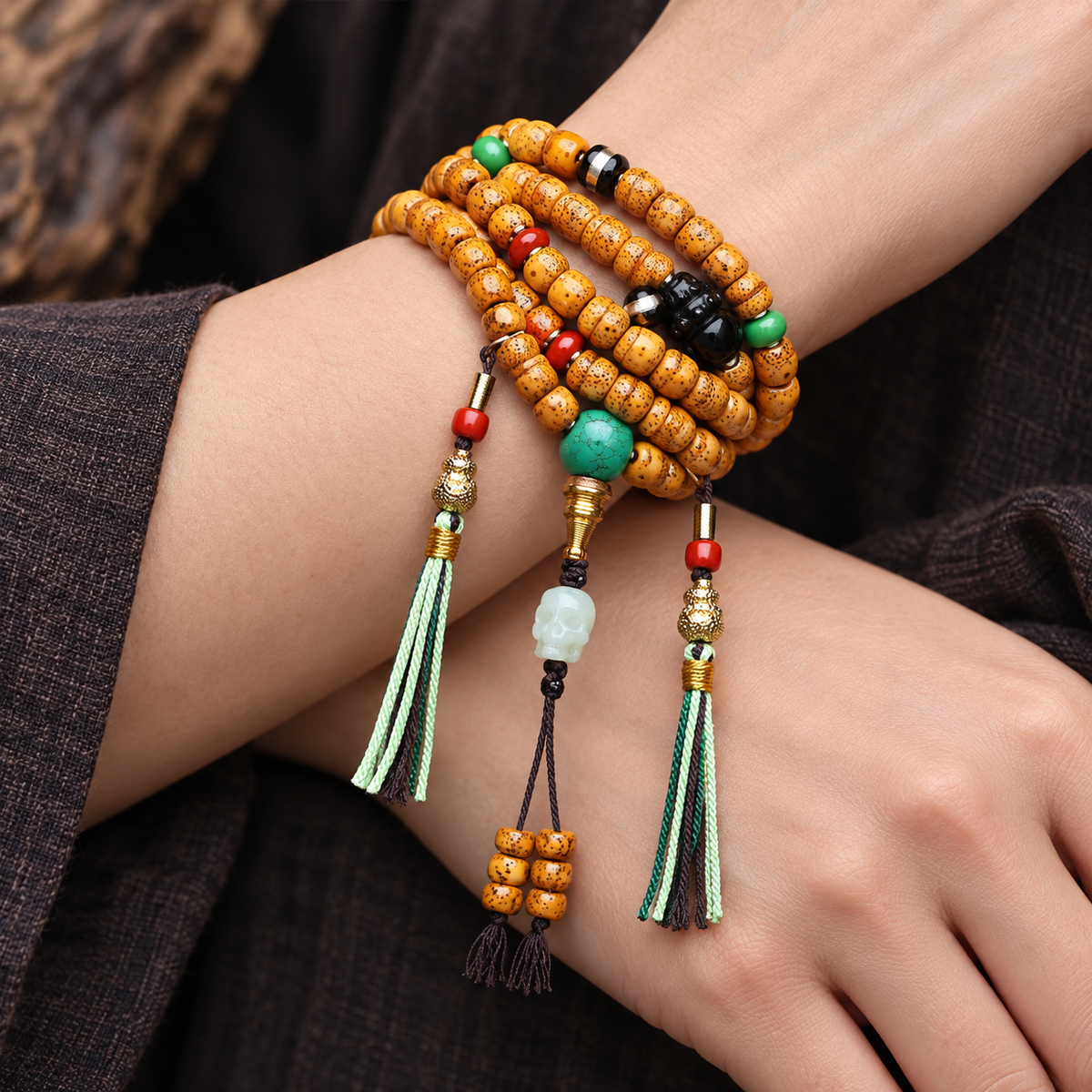 EverestArtstudios Xingyue-Bodhi-Mala, Obsidian/Türkis/Achat