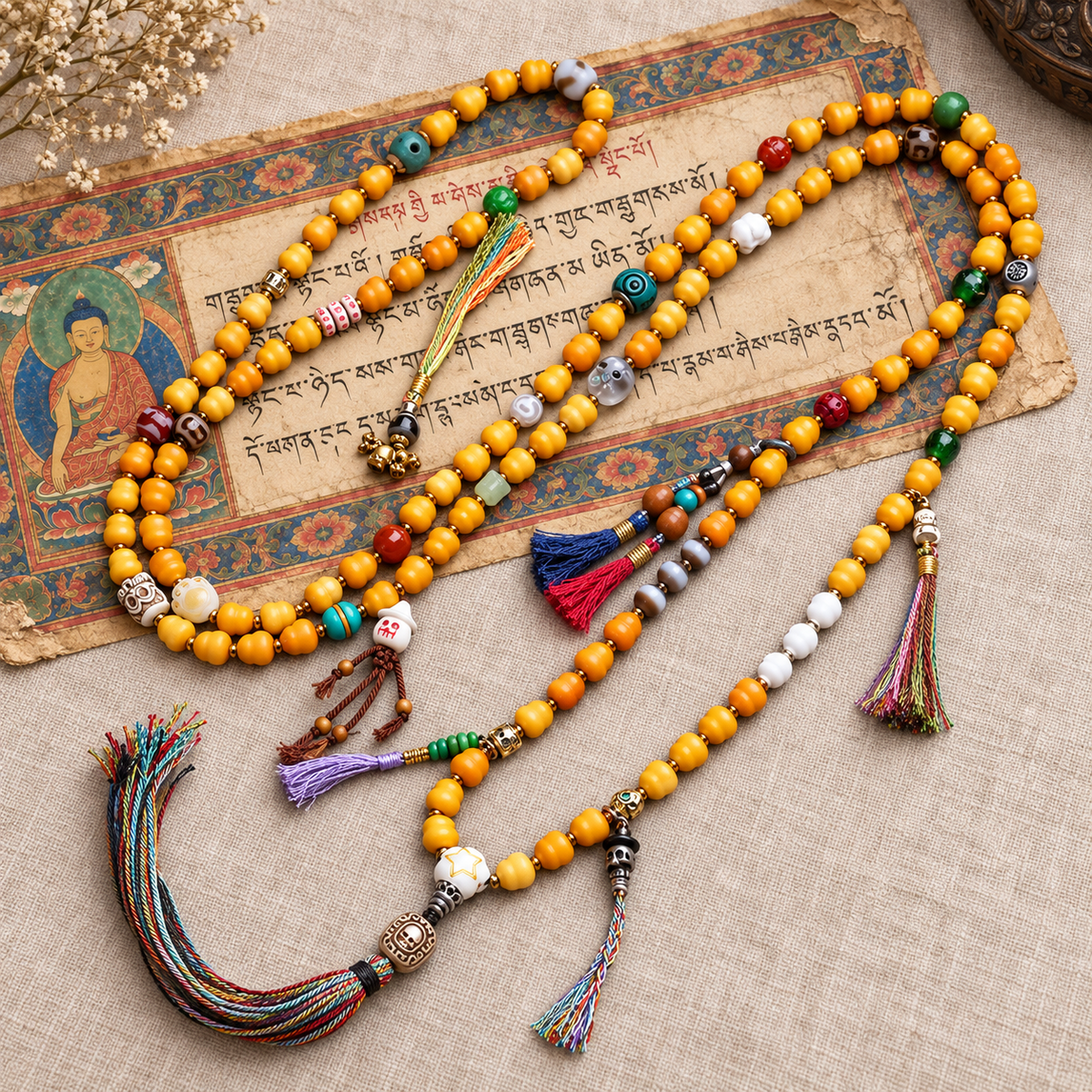 EverestArtstudios Carved Bone Mala with Gourd and Dzi-Style Agate Accents — full product