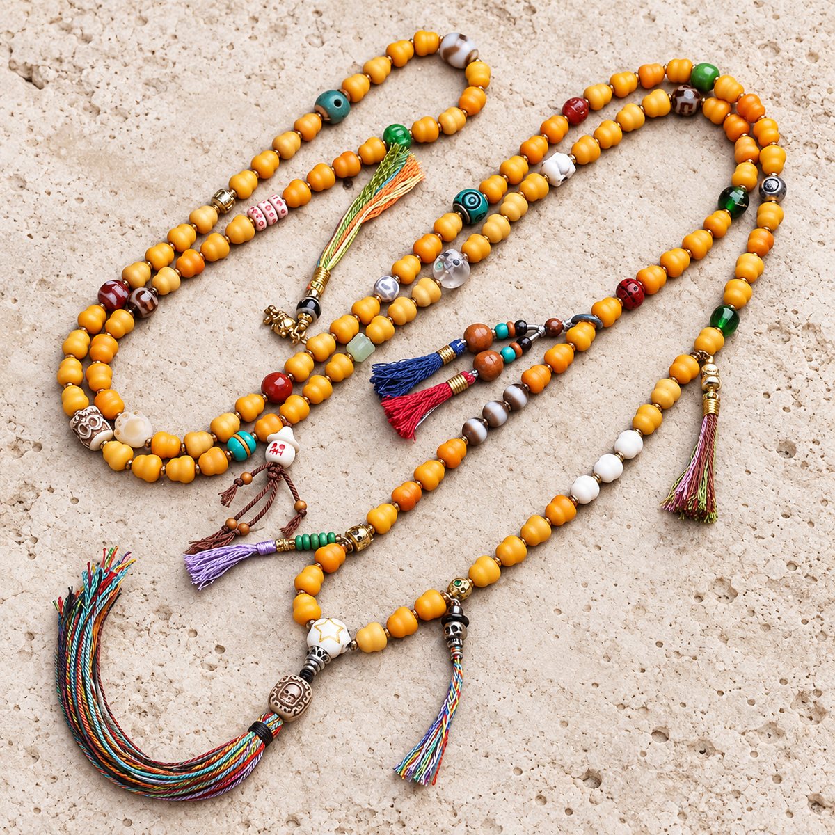 EverestArtstudios Carved Bone Mala with Gourd and Dzi-Style Agate Accents — overall display