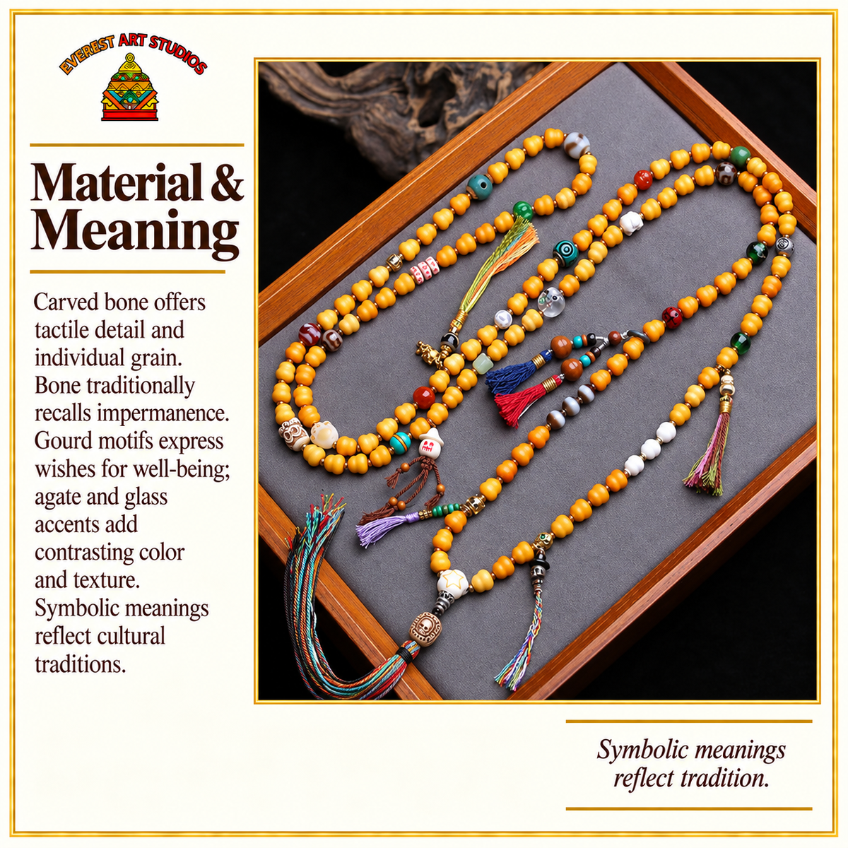 EverestArtstudios Knochen-Schnitzmala, Kürbismotiv/Dzi-Stil – Material und traditionelle Symbolik